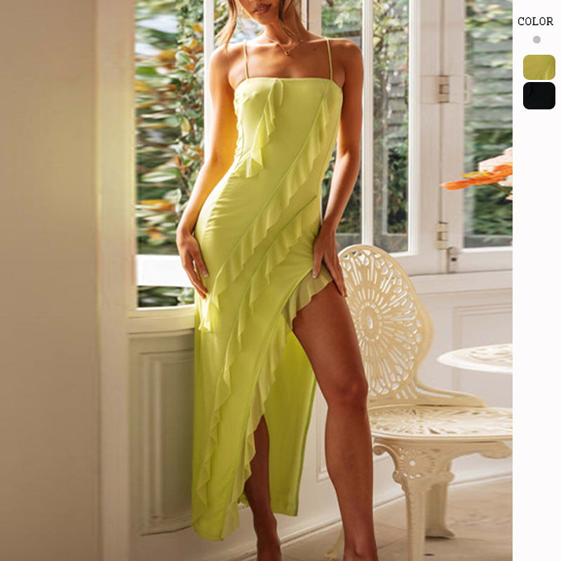 Damen Sommerkleid Rüschen Seidenkleid mit Schlitz Beige - Eveloria