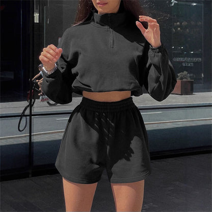 Damen Sportoberteil Cropped Kapuzenjacke mit Shorts Eveloria