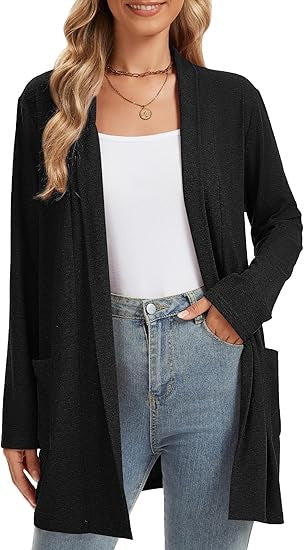 Damen Langarm-Cardigan Offene Front Taschen Beige