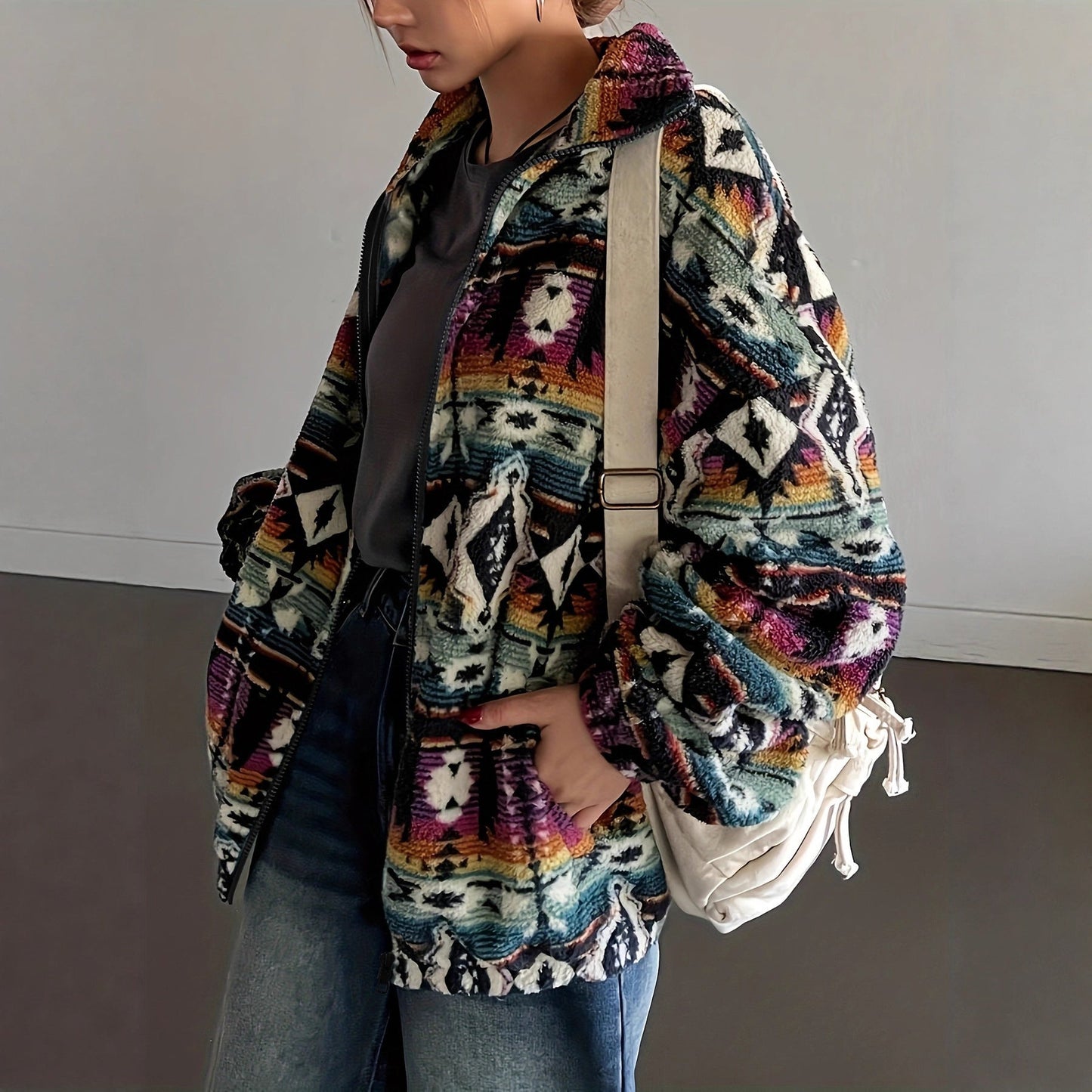 Damen Fleecejacke Bunt Muster Weich Eveloria