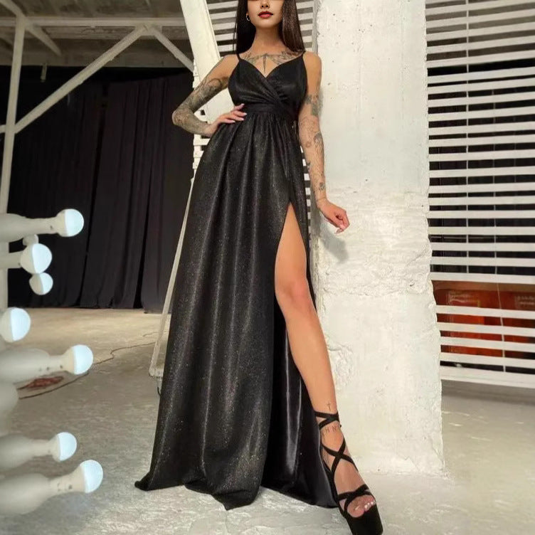 Damen Maxikleid Glitzer Wickeldesign Tiefes Dekolleté