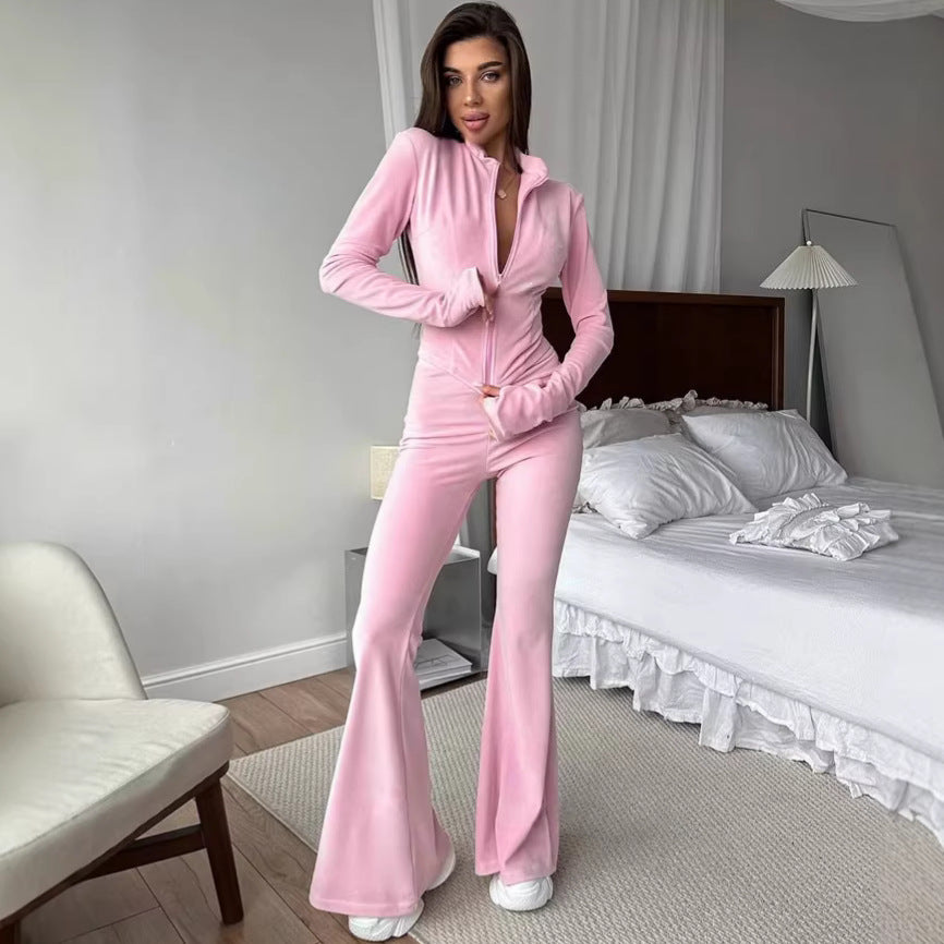 Damen Fleece-Jumpsuit Hohler Kragen Weites Bein