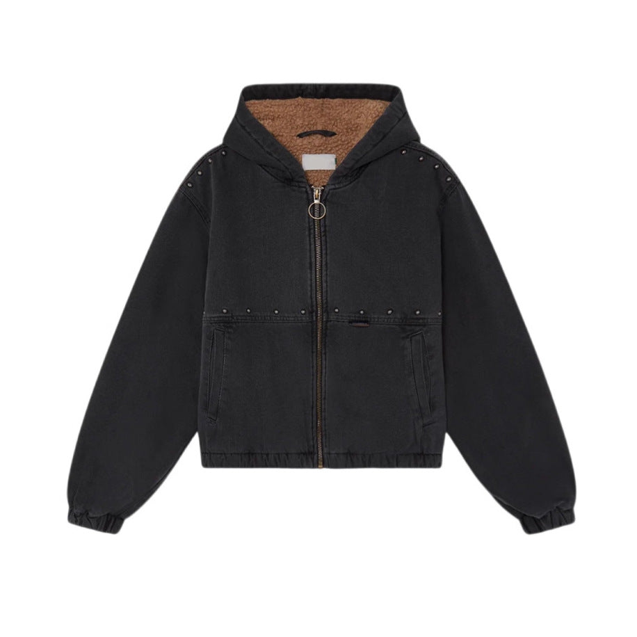 Damen Jeansjacke Kapuze Taschen Eveloria - Eveloria