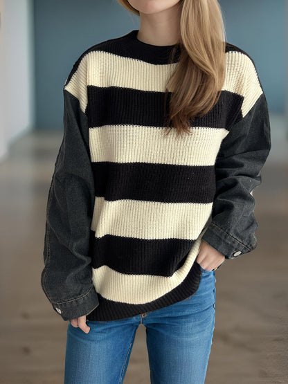 Damen Oversized Pullover Streifen Weiches Baumwoll-Mix Beige