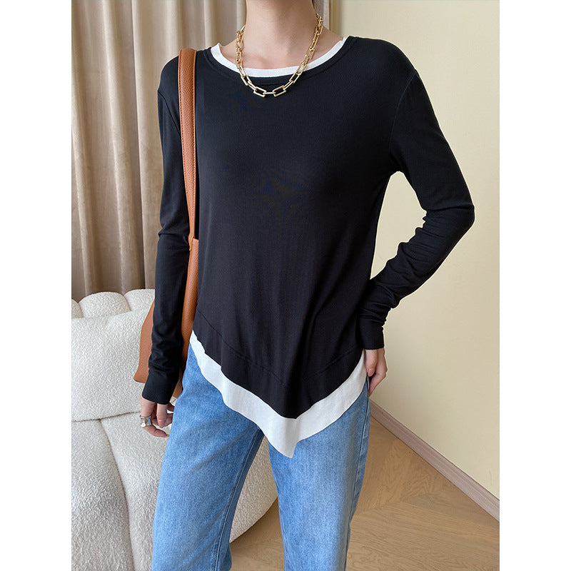 Damen Langarmshirt Asymmetrischer Saum Feines Material Beige - Eveloria
