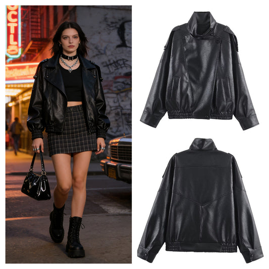Damen Kunstlederjacke Elegant Revers Schwarz Eveloria - Eveloria