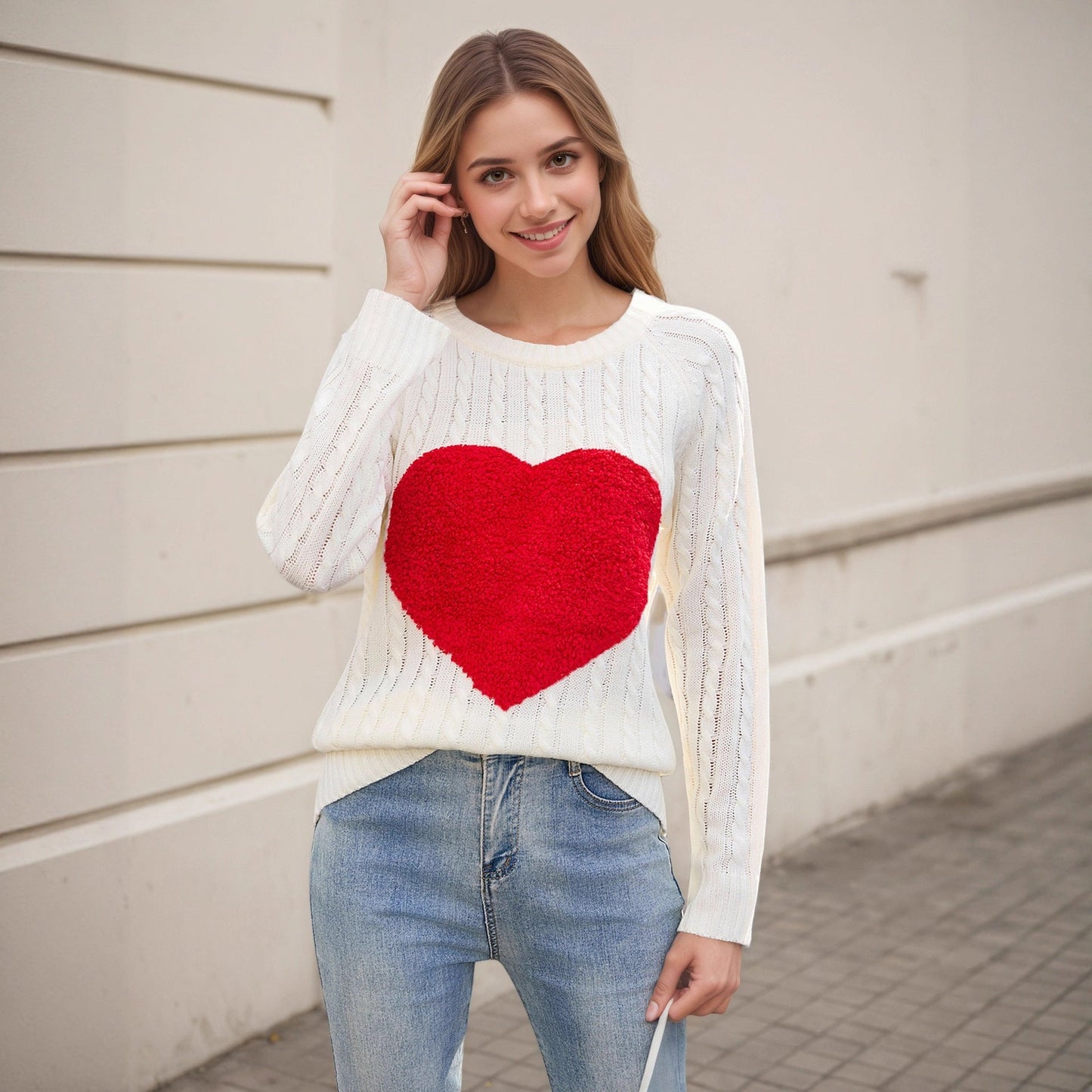 Damen Strickpullover Luftige Maschenstruktur Herz-Applikation - Eveloria