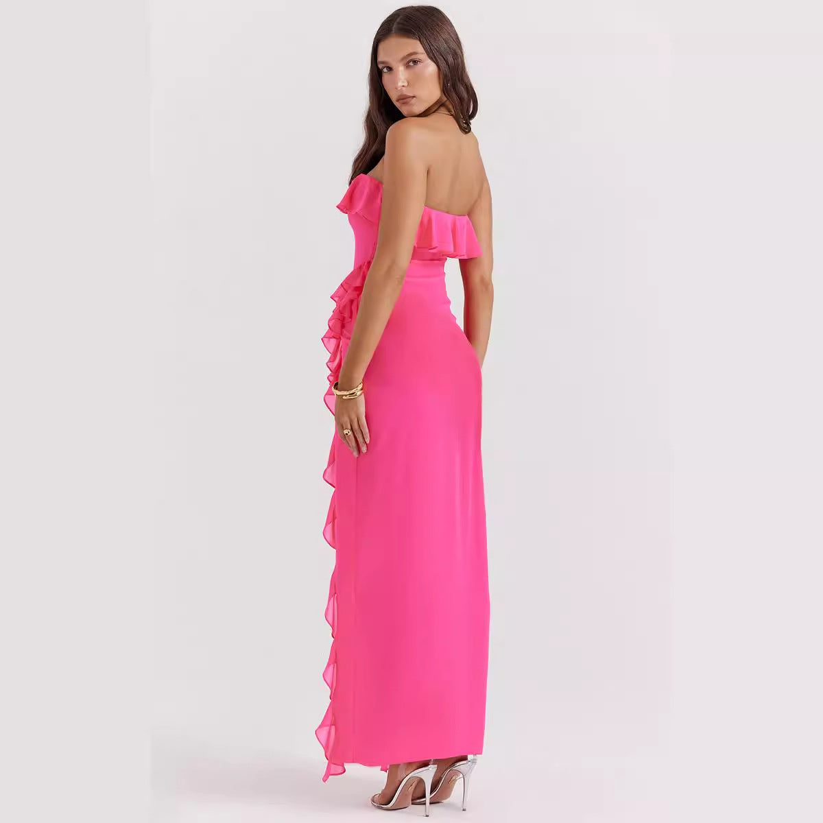 Damen Maxikleid Rüschen Off-Shoulder