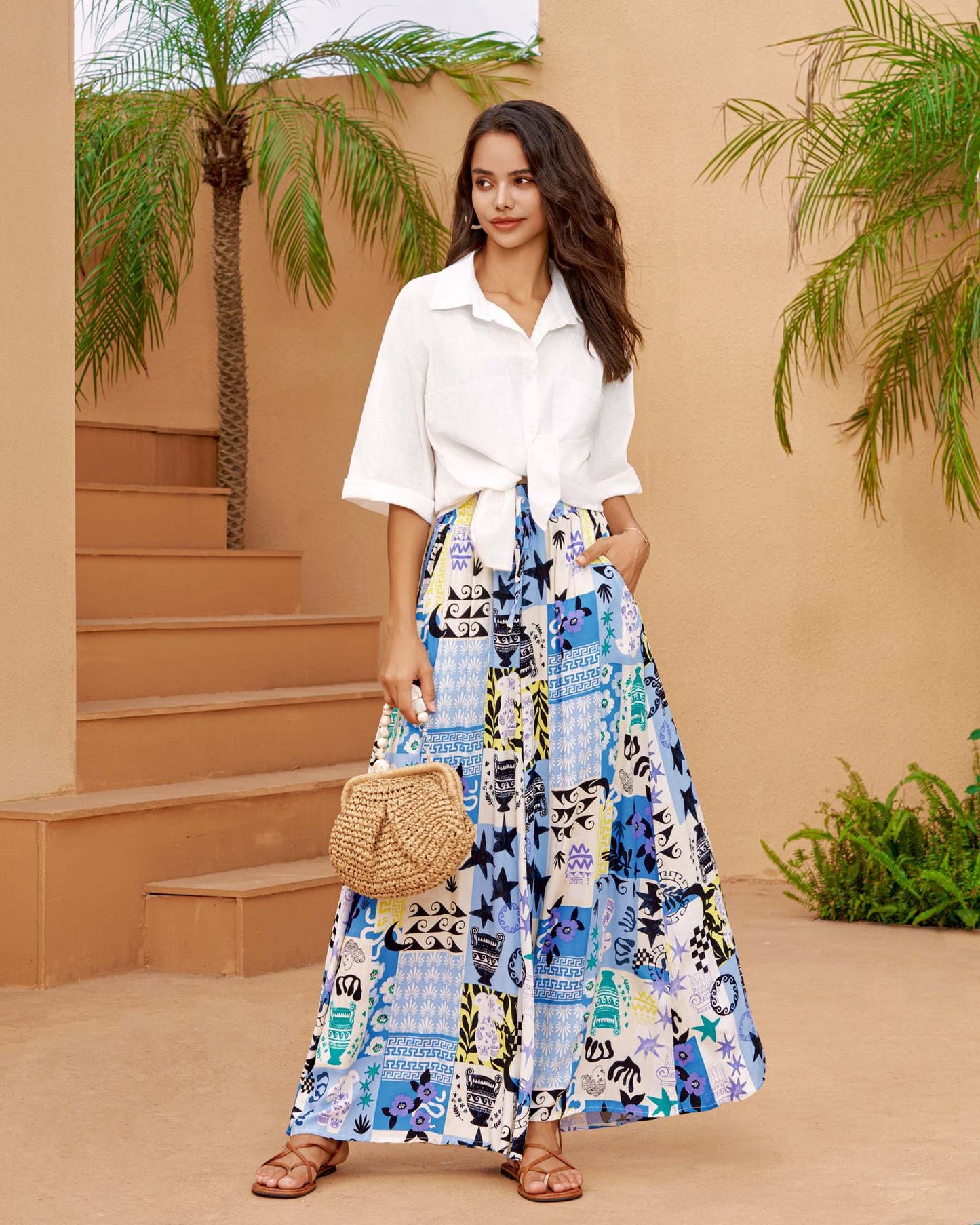 Damen Maxikleid Bunt Geometrisch Lang mit Seitenschlitzen