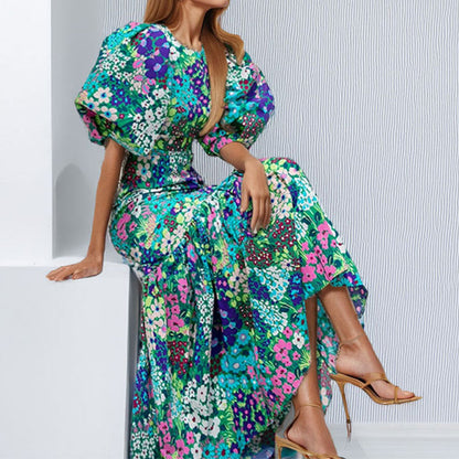 Damen Maxikleid Voluminöse Puffärmel Florales Muster Eveloria