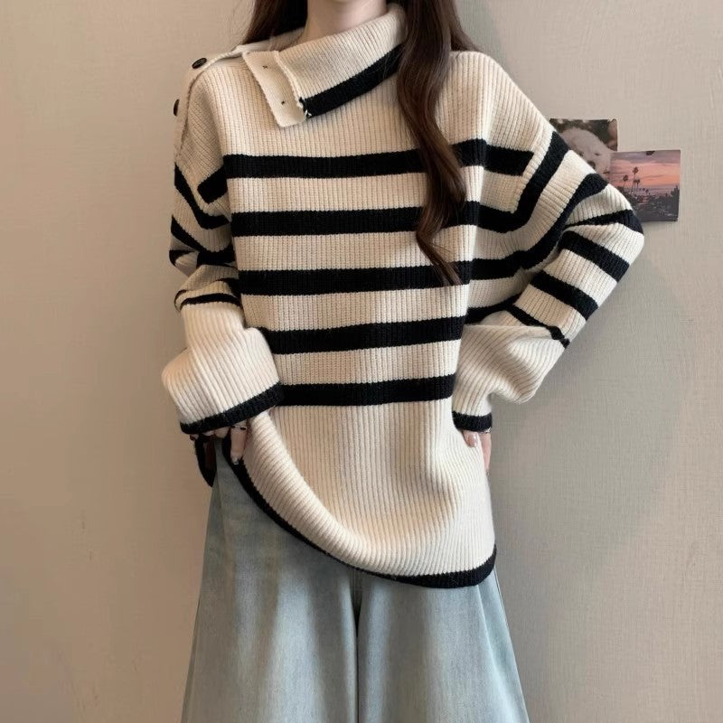 Damen Strickpullover Asymmetrischer Kragen Streifenmuster Eveloria - Eveloria