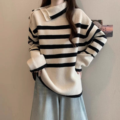 Damen Strickpullover Asymmetrischer Kragen Streifenmuster Eveloria - Eveloria