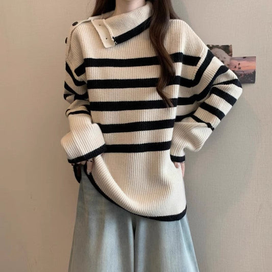 Damen Strickpullover Asymmetrischer Kragen Streifenmuster Eveloria - Eveloria
