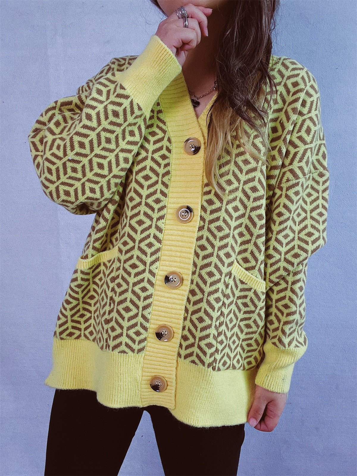 Damen Strickjacke geometrisches Muster Goldton