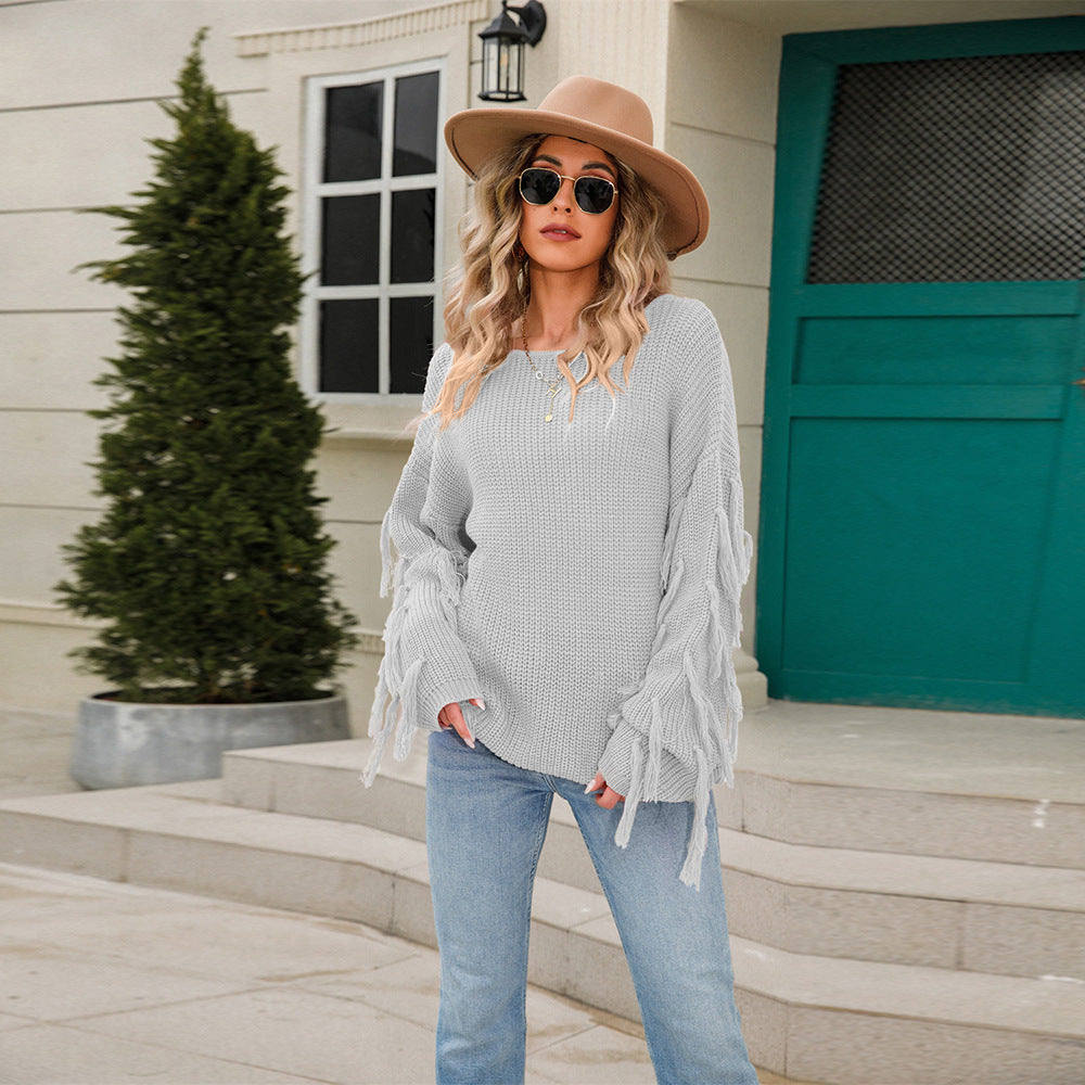 Damen Strickpullover Lässig Fransen Weit Eveloria