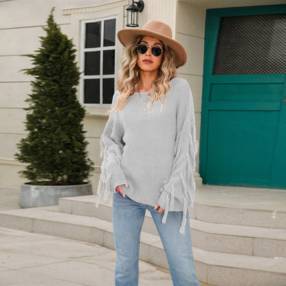 Damen Strickpullover Lässig Fransen Weit Eveloria