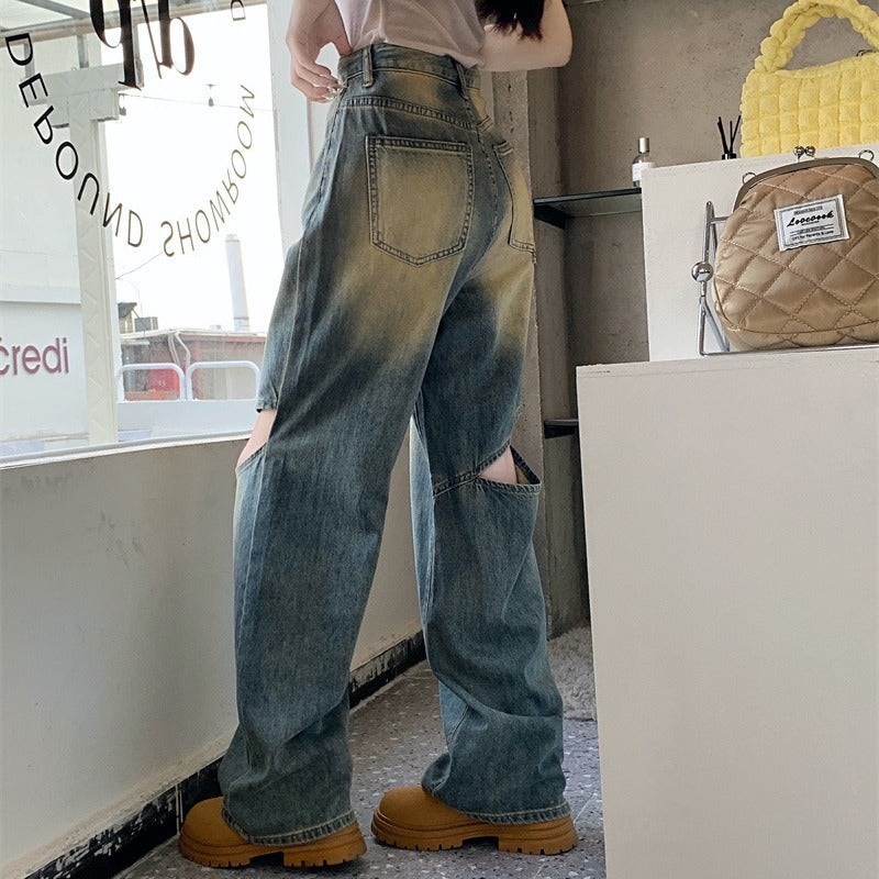 Damen Weite Denim-Hose Asymmetrische Knöpfe Blau Eveloria