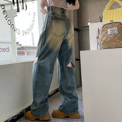 Damen Weite Denim-Hose Asymmetrische Knöpfe Blau Eveloria
