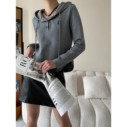 Damen Kapuzenpullover Lässig Knopfleiste Beige