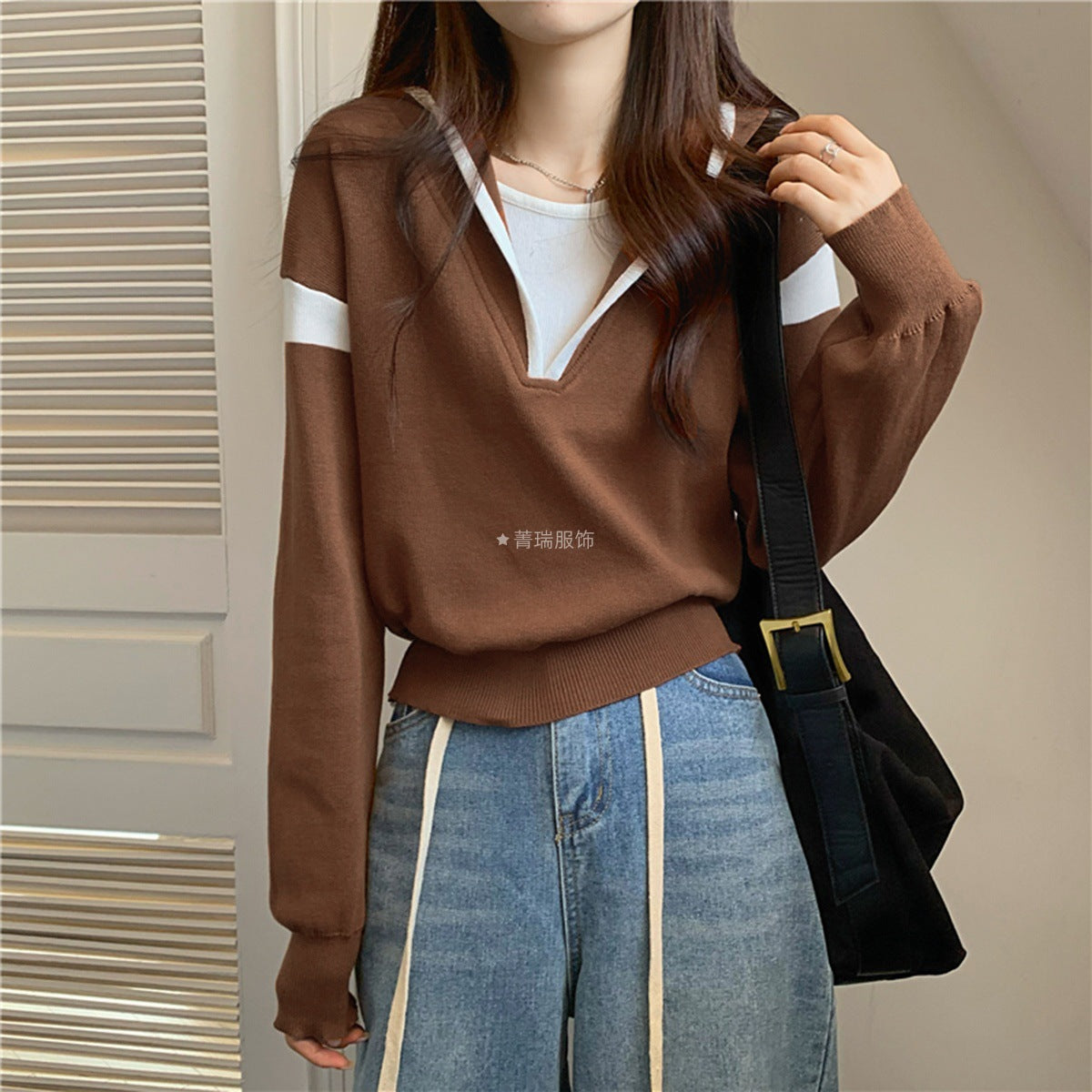 Damen Pullover V-Ausschnitt Oversized Baumwolle Beige