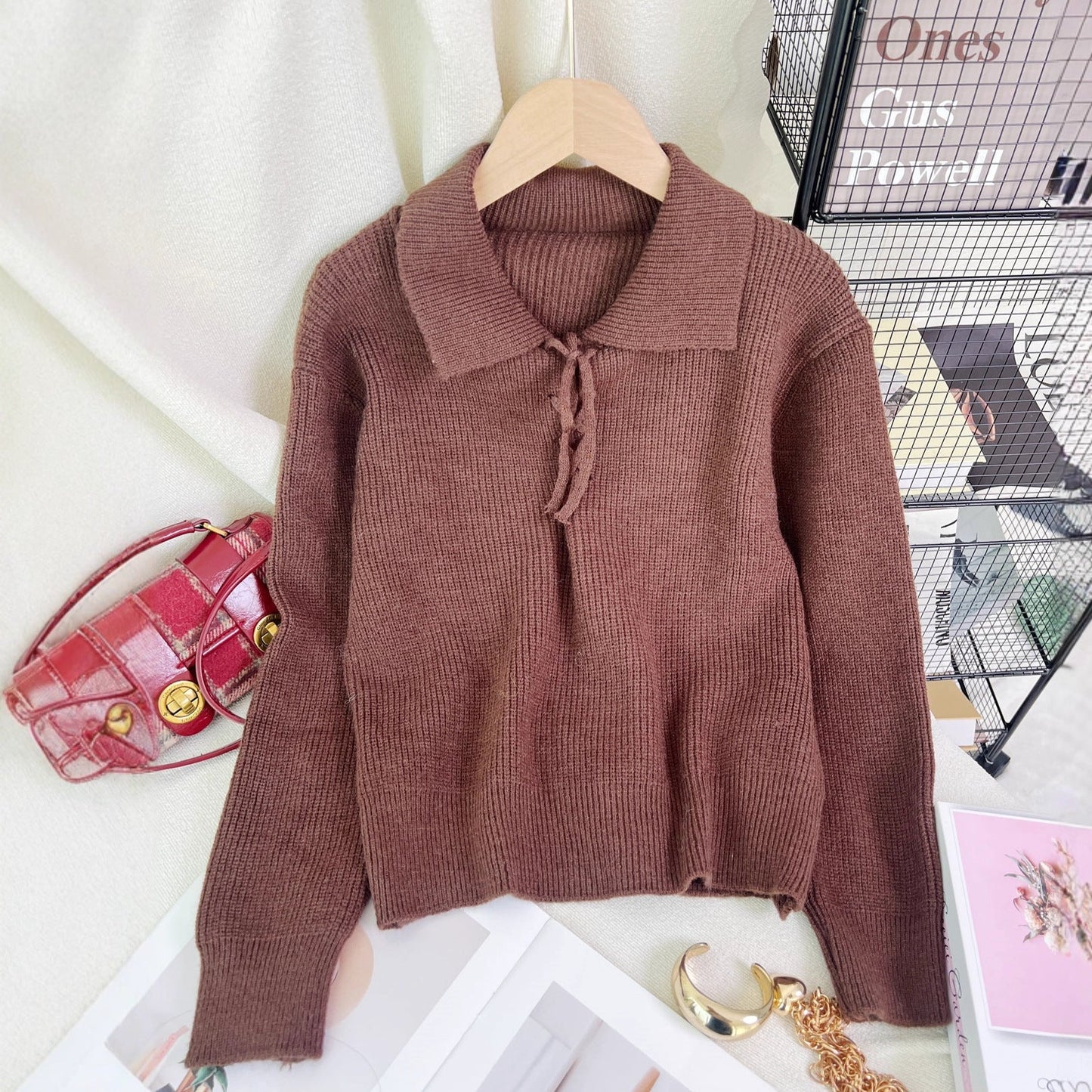 Damen Pullover Polokragen Kordelzug Grau Eveloria