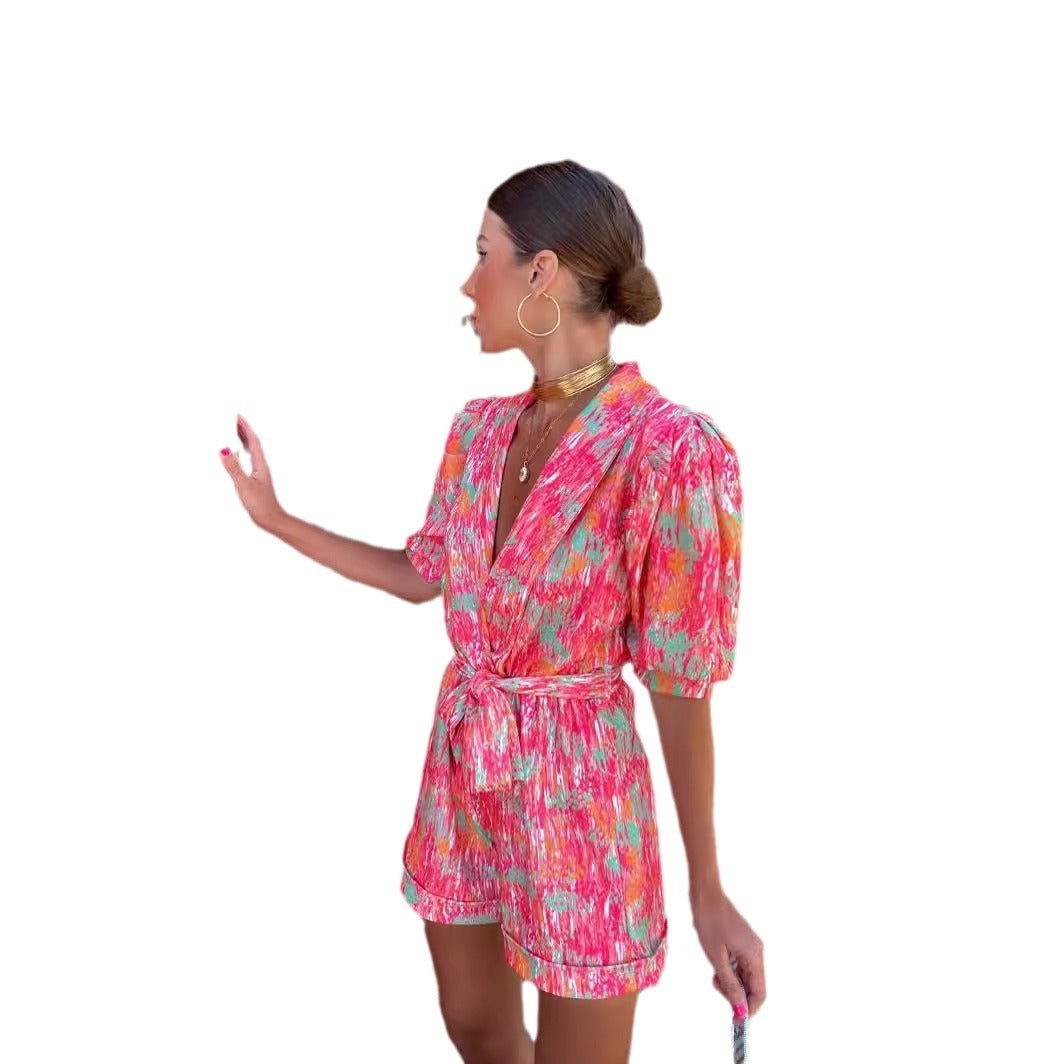 Damen Jumpsuit V-Ausschnitt Knöpfgürtel Eveloria