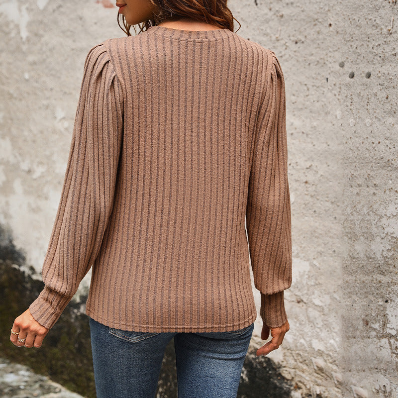 Damen Strickpullover Rippenmuster Puffärmel Eveloria