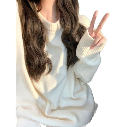 Damen Grobstrickpullover Weich Rundhalsausschnitt Beige