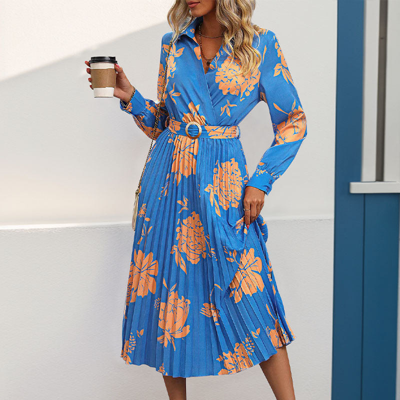 Damen Maxikleid Blumenmuster Taillengürtel Eveloria