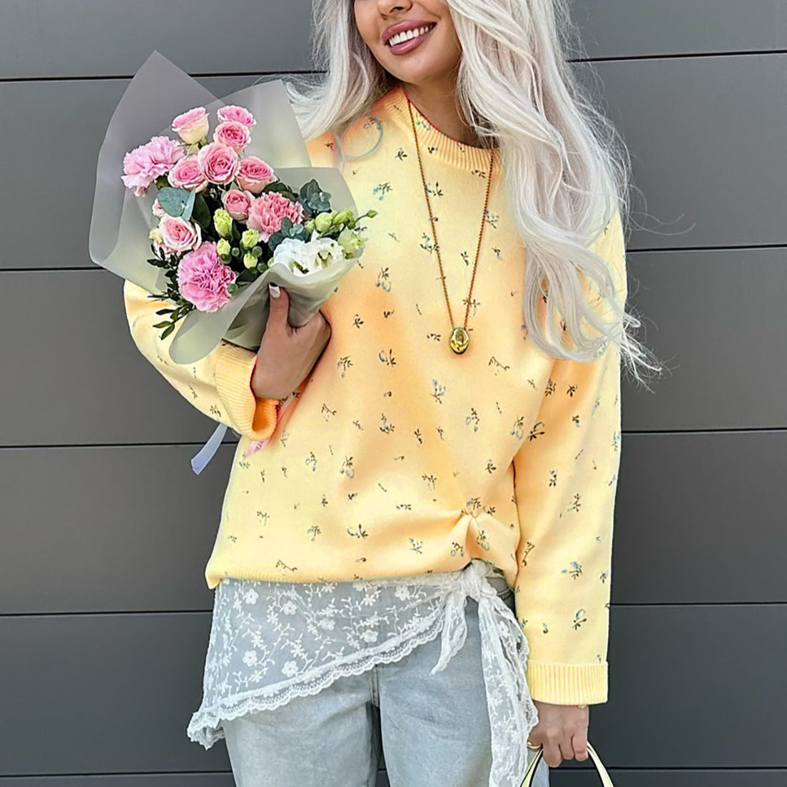 Damen Strickpullover Elegantes Design Floralmuster Eveloria