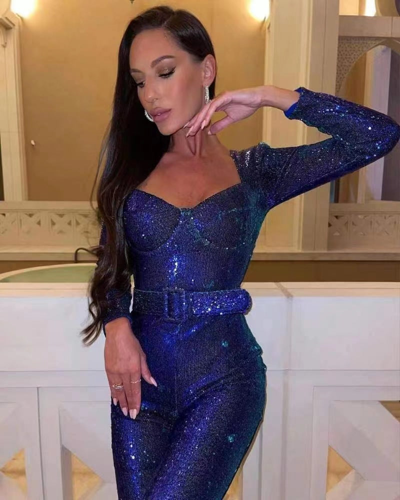 Damen Einteiler Outfit Glitzernde Applikationen Tailliert