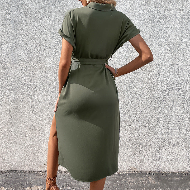 Damen Hemdblusenkleid mit Taillengürtel und Knöpfen Eveloria