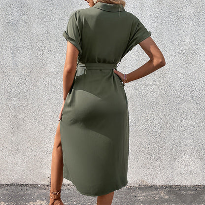 Damen Hemdblusenkleid mit Taillengürtel und Knöpfen Eveloria