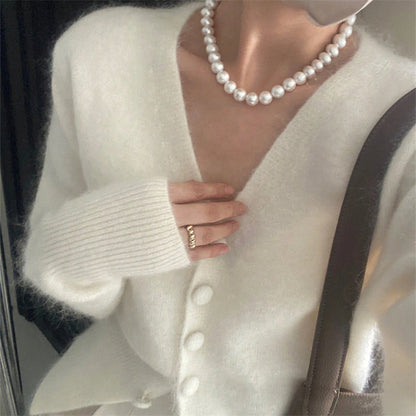 Damen Strickcardigan V-Ausschnitt Knopfdetails Beige