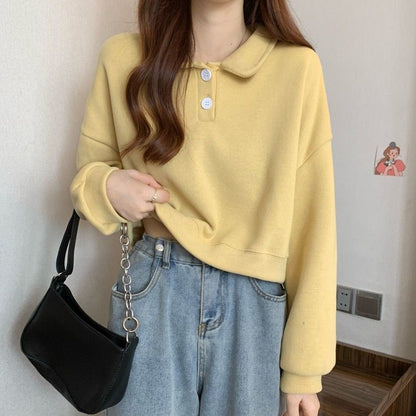 Damen Sweatshirt Kurzarm Modischer Kragen Dekorative Knöpfe
