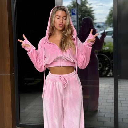 Damen Jogginganzug Velours mit Kapuze und abgestimmten Elementen