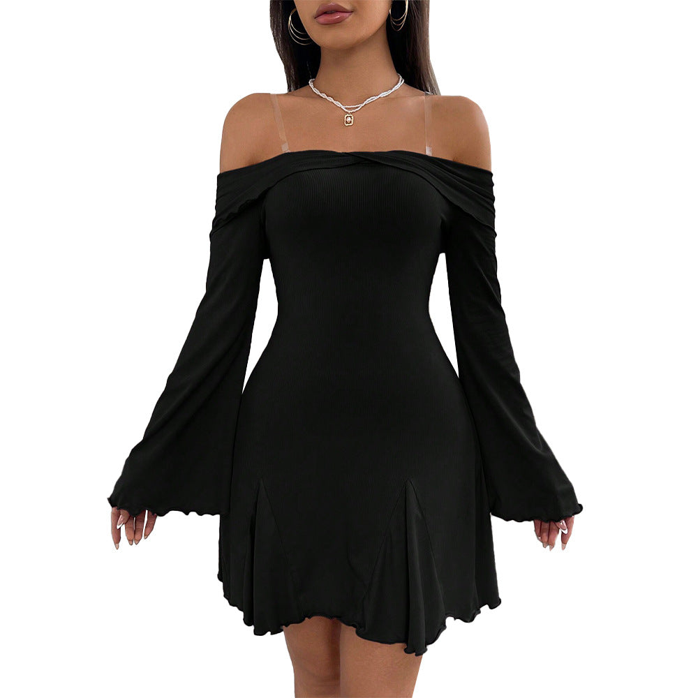 Damen Minikleid Schulterfrei Volantärmel Elegant