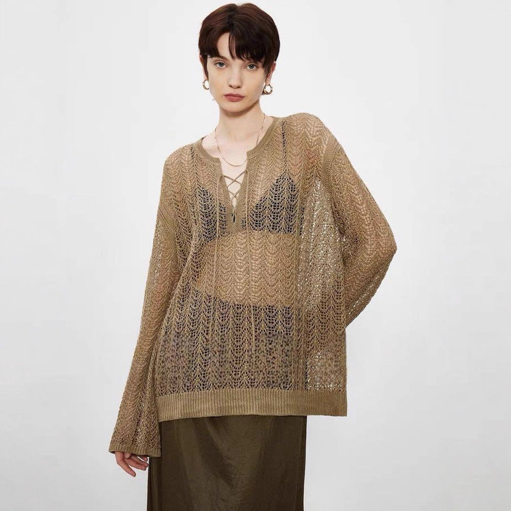 Damen Strickpulli Luftiger Look Raffinierter Auschnitt Beige