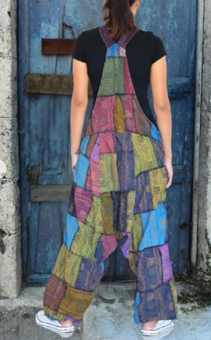 Damen Latzhose Patchwork Weite Beine Praktische Taschen Eveloria