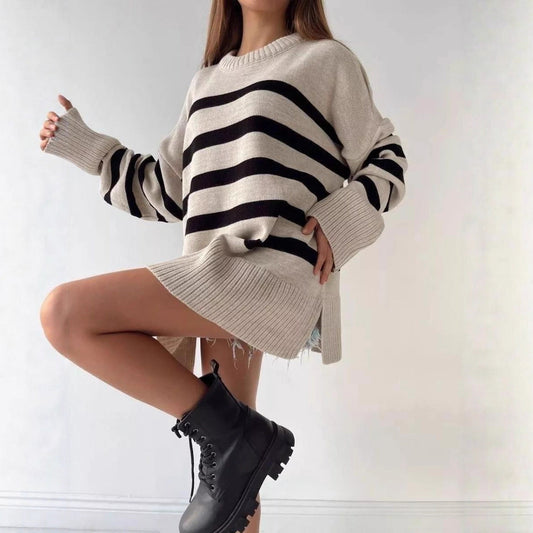 Damen Strickpullover Oversized Streifenmuster Hochkragen Beige - Eveloria