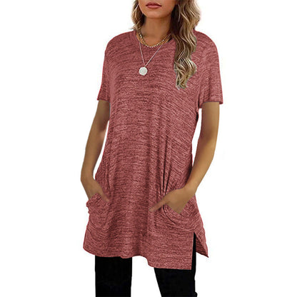 Damen Langarm-Tunika mit Seitentaschen Asymmetrischer Saum