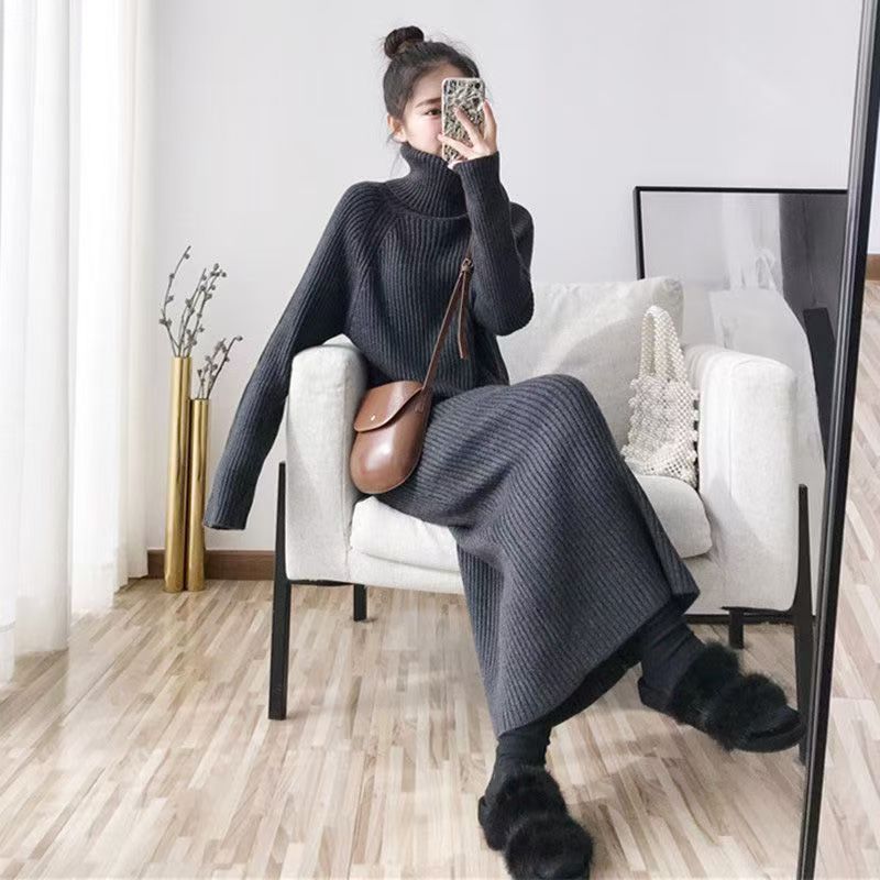 Damen Rippstrickkleid Langschnitt Hochkragen Eveloria