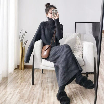 Damen Rippstrickkleid Langschnitt Hochkragen Eveloria