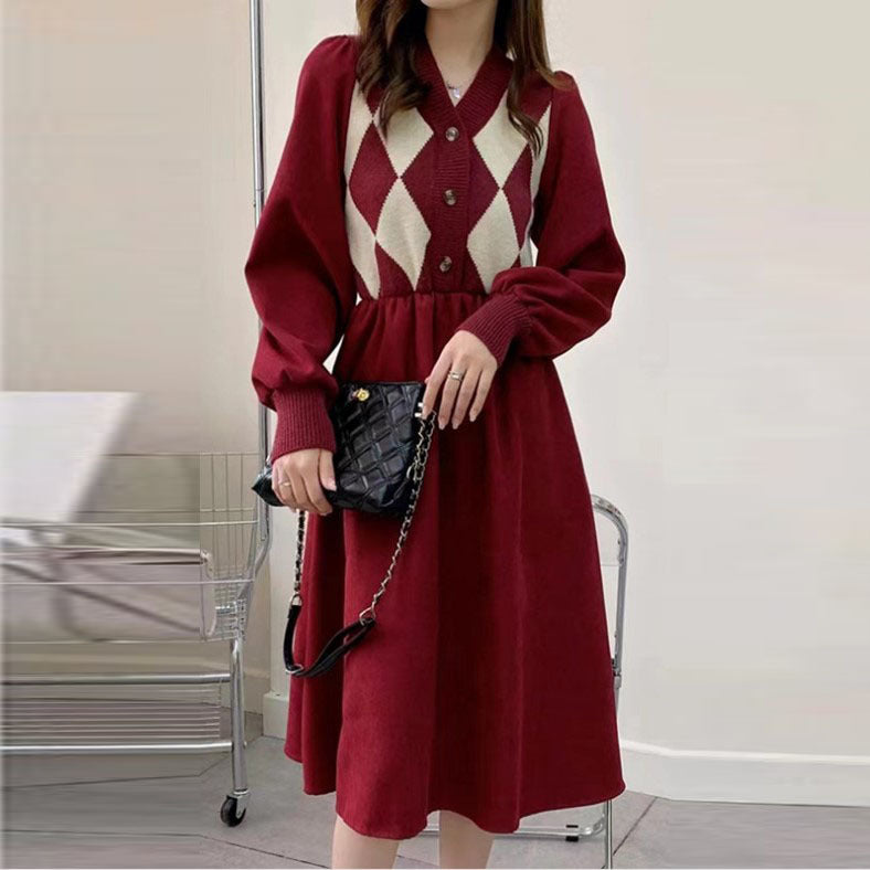 Damen Strickkleid Rautenmuster Puffärmel Eveloria - Eveloria