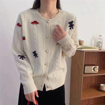 Damen Strickjacke Bunt Motiv Dekorative Knöpfe