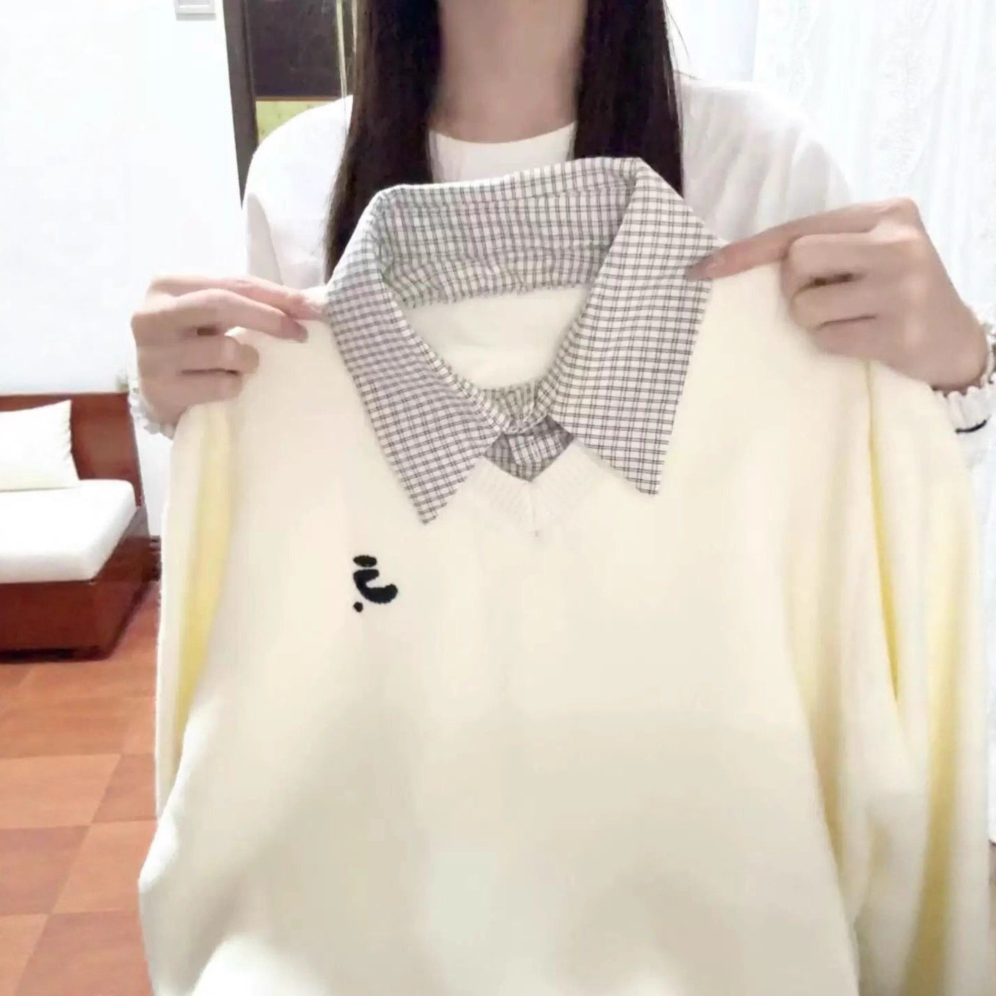 Damen Pullover Karo Kuschelig Mit Abnehmbarem Kragen