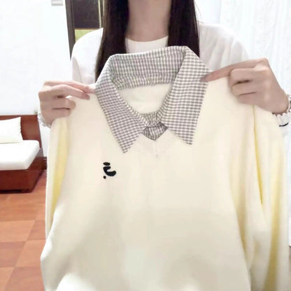 Damen Pullover Karo Kuschelig Mit Abnehmbarem Kragen