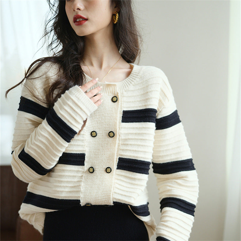 Damen Strickjacke Gestreift Dekorative Knöpfe Eveloria