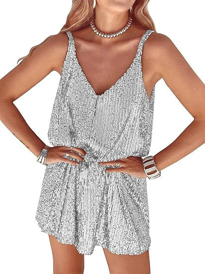 Damen Glitzer Jumpsuit V-Ausschnitt Elastisch Eveloria