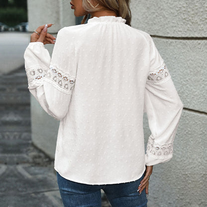 Damen Baumwollbluse Spitze Rüschendetails Elegant Weiß